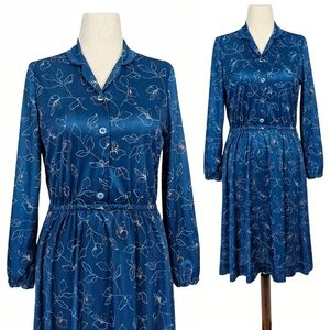 1980s Vintage Dress 80s Shirtwaist Midi Blue V Neck Long Sleeve Medium Large M/L